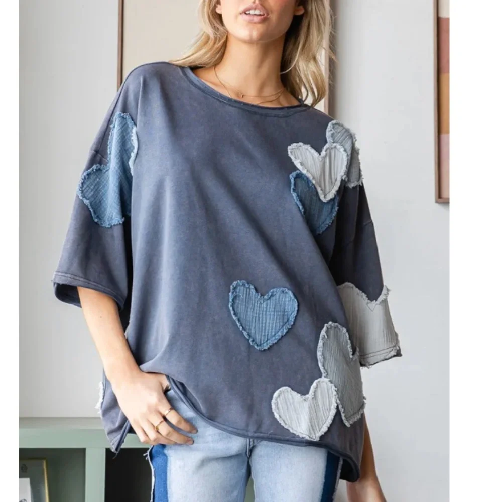 Oli and Hali 🩵 #14 Oli & Hali Mineral Washed Top with Heart Patches SR26